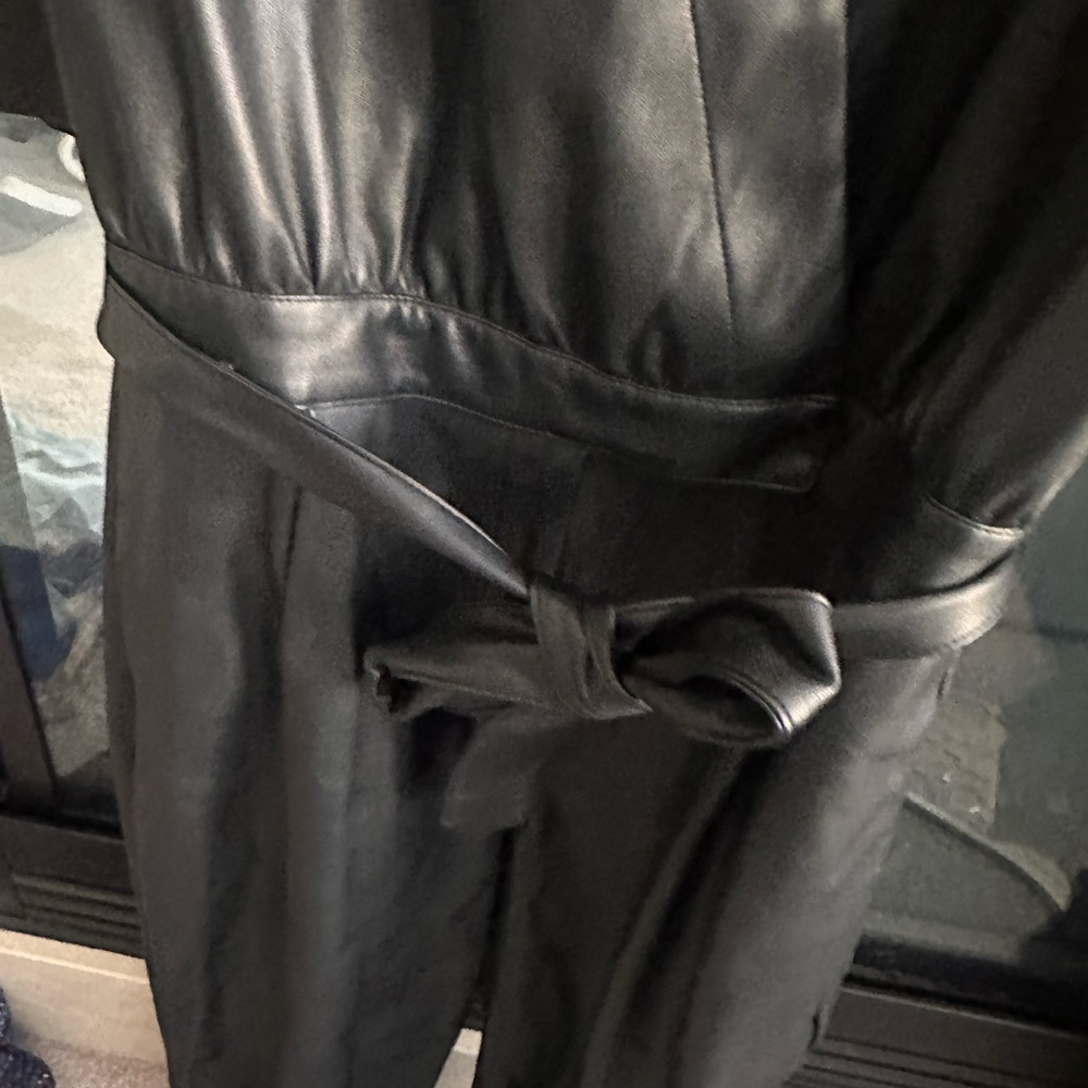 INC International Concepts Black Belted Jumpsuit Faux Leather - Picture 4 of 6